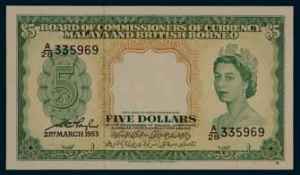 (10) $4,800 2814* Malaya & British Borneo, Queen Elizabeth II, ten dollars 1953 (P.3) number A/43 095417 "yellow paper". Attractive, fresh original, nearly uncirculated.