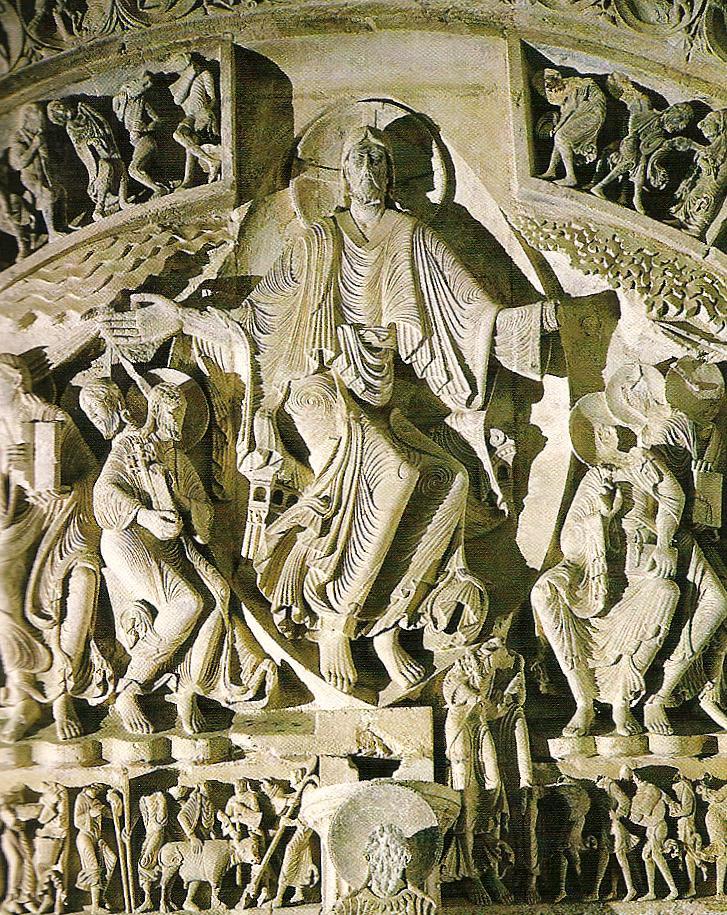 Title: Christ of the Pentecost Medium: stone relief sculpture above church entrance Location: Saint Madeleine Cathedral, France Culture: Romanesque Middle Ages, which refers to all medieval art of