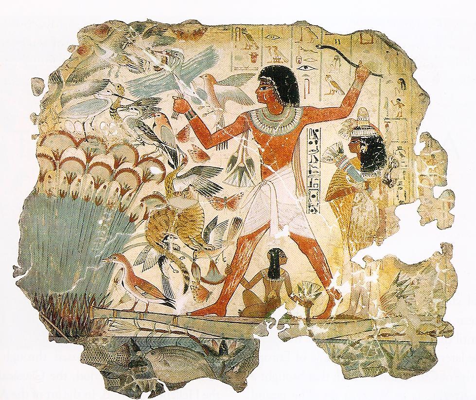 Title: Wall painting from the Tomb of Nebamun Medium: paint on dry plaster Culture: Ancient Egyptian Description: Exhibits hierarchic scale- the biggest figure is the most important, in other words