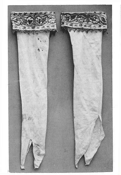 16 th Century Italian Linen Hose A&S Competition June Crown AS XL Captioned White linen stockings, or hose, with tops embroidered with coloured silks and silver and gold metal thread.