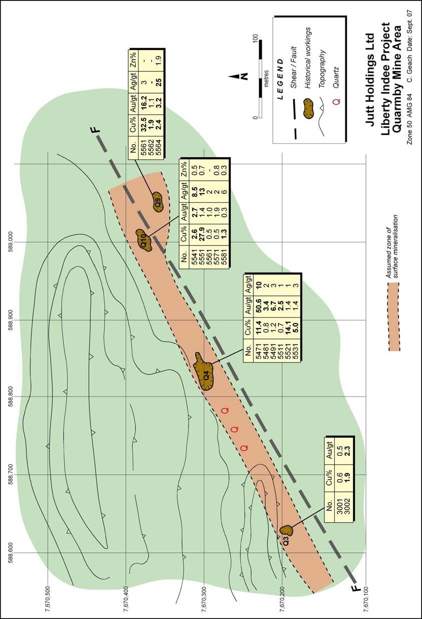 The Company will drill the historical Evelyn and Quarmby mines and extensions of mineralisation along sheared contact zones to follow up on the high grade Cu-Pb-Zn & Au mineralisation recorded.