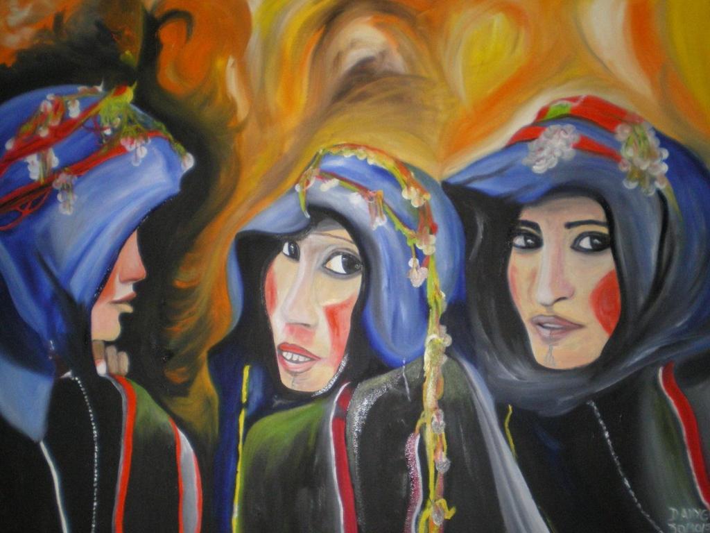 6M: «LES TROIS FEMMES EN BLEU» (THE THREE WOMEN IN BLUE) (Size: 60X80cm/100 % cotton) Oil & brush painting