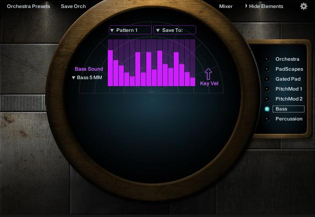 The Synth Elements The Bass Element uses a sequencer to play up to 16 different velocity levels in a pattern.