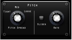 The Pitch Spread knob has three settings that determine the intensities of the pitch envelopes of the individual voices.