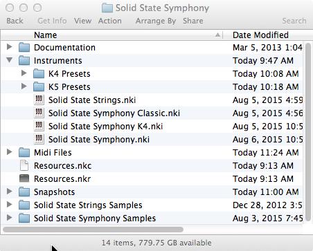 What s in My Folder? Instruments Folder Solid State Symphony.nki The main instrument for Kontakt 5. Solid State Strings.nki Solid State Symphony K4.