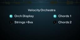Besides the Preset menu, there are 4 more orchestra controls: Orch Display turns the Orchestra Display on or off. Strings+8va adds a higher octave to the Strings sections.