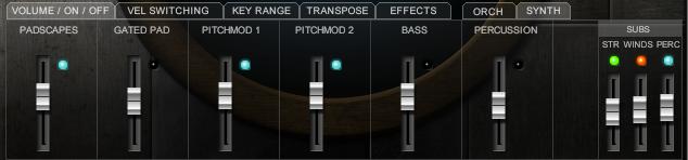 Click on these LEDs to turn each Orchestra element on or off. Choose between Marcato and Staccato strings here.