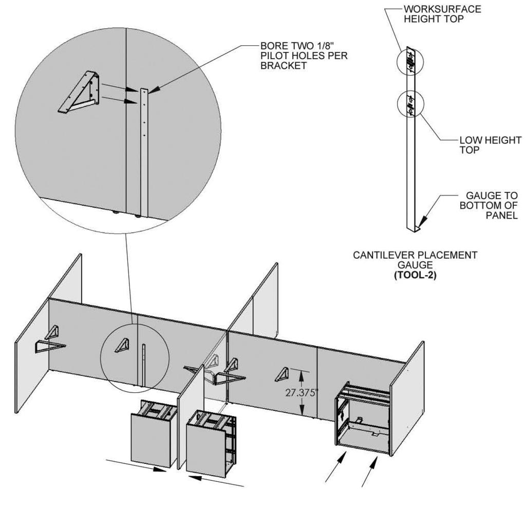 Cantilever Placement WORKSURFACE HEIGHT TOPS See bracket plan drawing for locations of cantilever brackets and pedestal placement. Note: Screws ship in box with cantilever. 1.