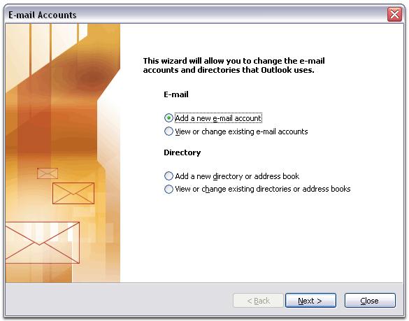 Intrati in meniul Tools si selectati E-mail Accounts Selectati Add a new e-mail account apoi faceti click pe Next.