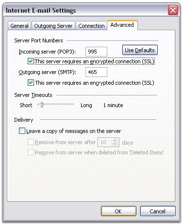 Selectati checkbox-ul This server requires an encrypted connection (SSL) de sub Outgoing Server (SMTP), si introduceti 465