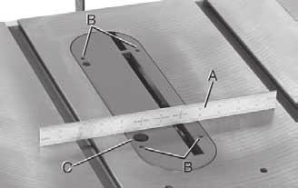 The miter gage body (B) can be turned right or left for angle cross-cutting. Loosen lock knob (C), choose angle, and tighten lock knob.