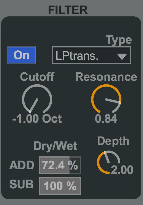 The Main Interface 4) Filter With the Type menu you can choose among 14 different filters: 2 types for Low-Pass, Band-Pass and High-Pass both at 12 db and 24 db (so 4 LP, 4 BP and 4 HP), and two