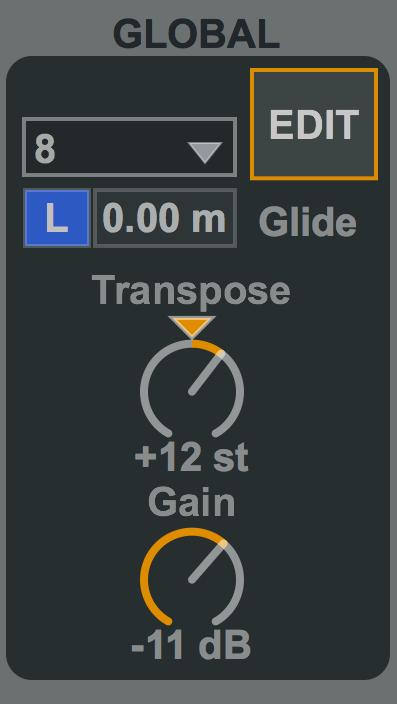 The Main Interface 7) Global The upper menu sets the number of voices available, from "mono" to 12 The EDIT button opens the Edit Window (see next pages) The Glide parameter sets the glide or