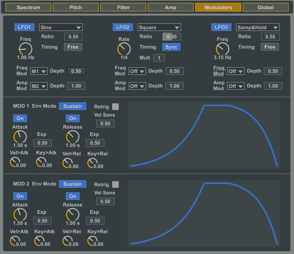The Edit Window 5) MODULATORS In the upper section there are three LFO. For each LFO you can choose the Waveform (Sine, Triangle, Square, Sample&Hold, Random).