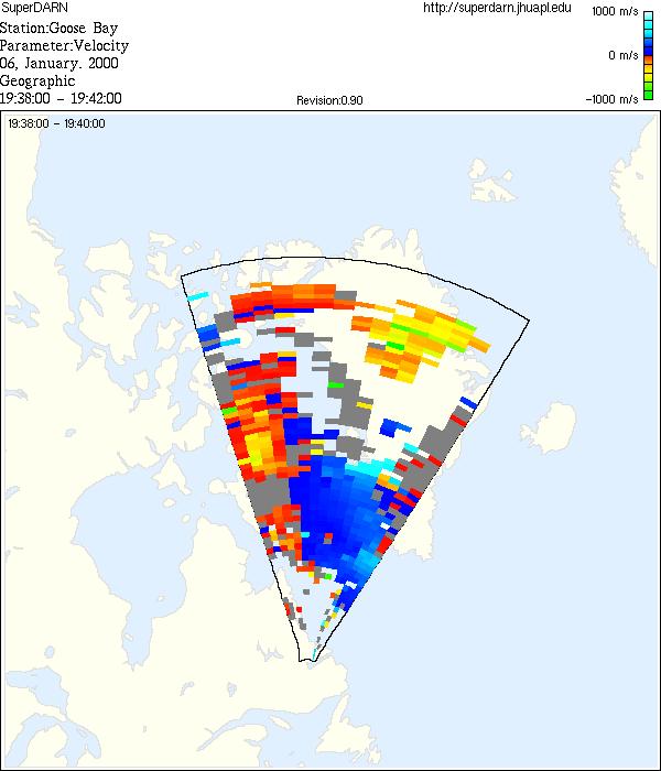 Goose Bay Doppler Data Radar scan showing Doppler velocities of ionospheric irregularities over