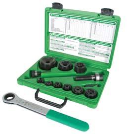 Standard Round Manual Knockout Punch Kits - Metric 36687 1" (25.4 mm) Hex ratchet wrench allows use with both 3/8" (9.5 mm) and 3/4" (19.1 mm) draw studs. 12.7 mm Kwik Stepper step bit included.