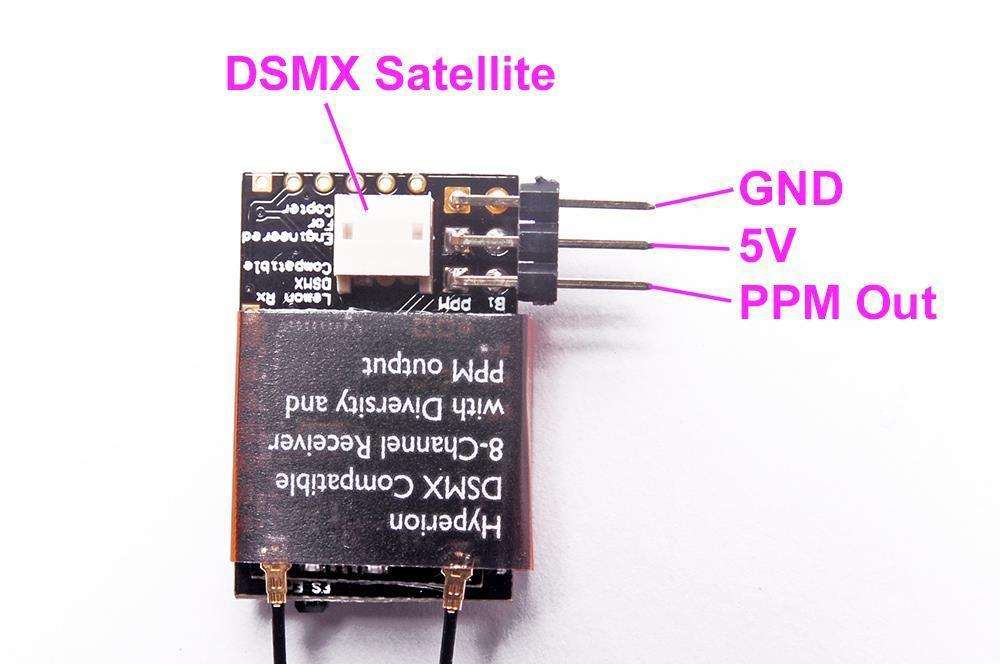 Satellite Receiver Port The Hyperion DSMX and DSM2-compatible satellites look similar but the plastic housing is marked with the letters DSMX or DSM2 (obliterated in the photo).