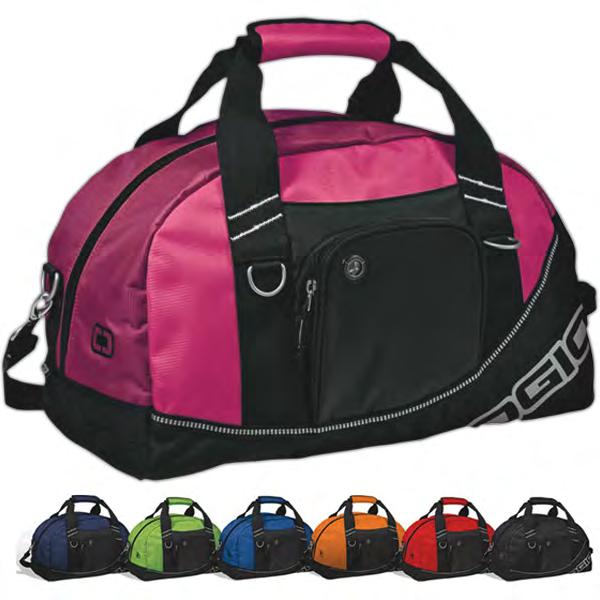 Made from 300 denier dobby nylon and 600 denier polyester duffel bag with standard webbed shoulder strap, front zippered pocket and all metal hardware, side grab handle with fabric wrapped handle.