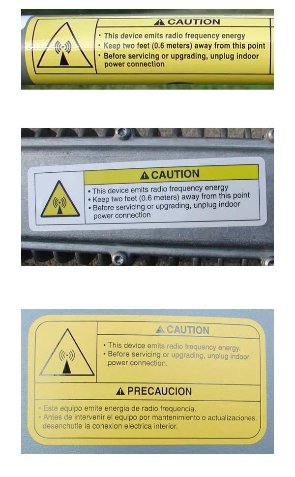 Product warning labels The following safety alert labels are affixed to the antenna feed support arms, radio transmitter, and antenna reflector, respectively.