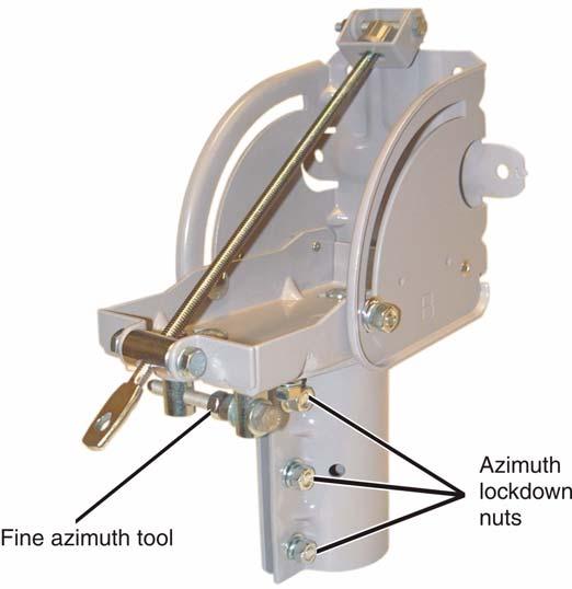 Adjusting the azimuth 1. Be sure that the three 5/16-inch azimuth lockdown nuts at the bottom of the Az/El canister (shown in Figure 34) are loose enough that the canister rotates freely on the mast.