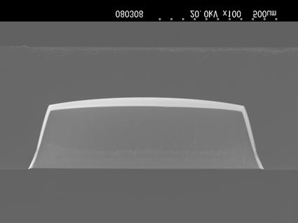 Figure 4: SEM image of borosilicate-glass groove etched by plasma after removal of a silicon mask by KOH etching (opening size: 1mm square; depth: 300 µm). Sidewall angle [deg.