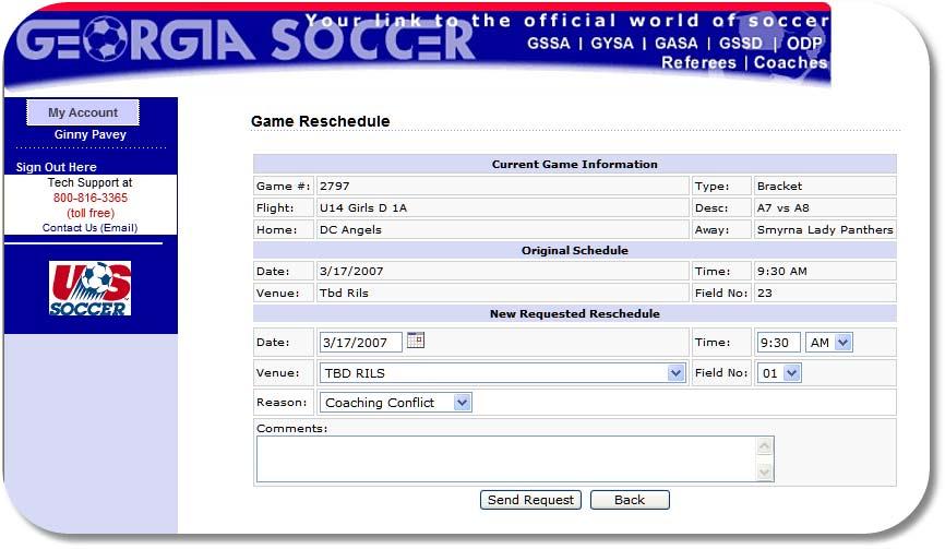 h) Once you reach the Schedule for the desired team as described above, the system will display a Reschedule Game button for each game that has not been played.