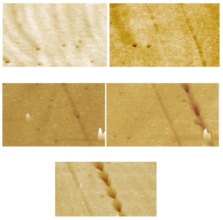 Figure 2-6: Example AFM image of progressive structural damage unstressed (top left), at V dg = 15 V (top right), V dg = 20 V (middle left), V dg = 42 V (middle right), and V dg = 57 V (bottom left)