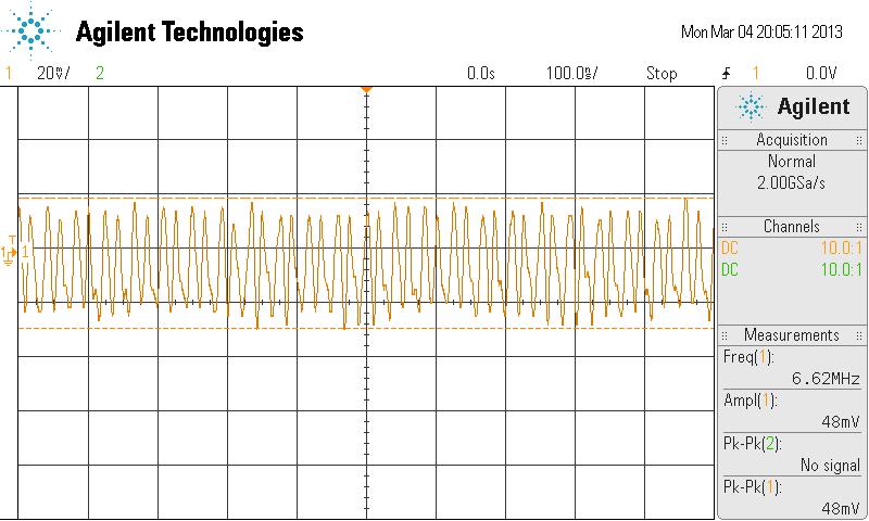 Figure 4-14: After reducing the op amp supply lead lengths, the noise signal is reduced to approximately 48 mv pp. One unresolved problem with the final design is failure of the TIA.