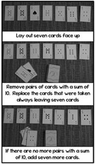 ten in the seven cards showing, lay down another seven cards on top of the others Variations: Show cards one at a time and have students tell you the number that makes ten Remove some cards and play