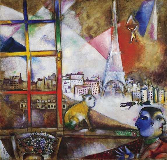 Marc Chagall Paris Through the Window, 1913. Oil on canvas, 53 1/2 x 55 3/4 inches Inquiry Script: What do you see? What kinds of brushes do you think the artist used?