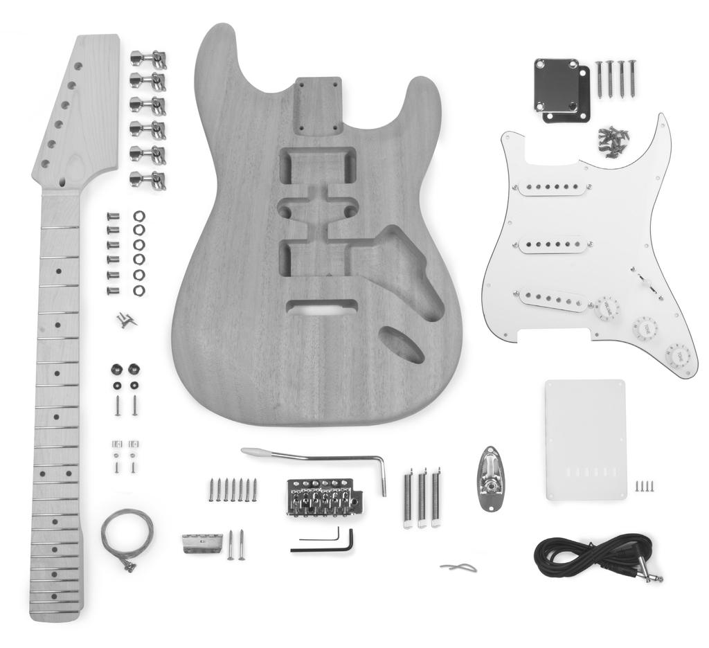 Parts List Mahogany body Maple neck Neck plate with plastic backer Neck attachment screws (4) Tuners with bushings, washers, and screws (set of 6) Bridge with mounting screws Pickguard with 11