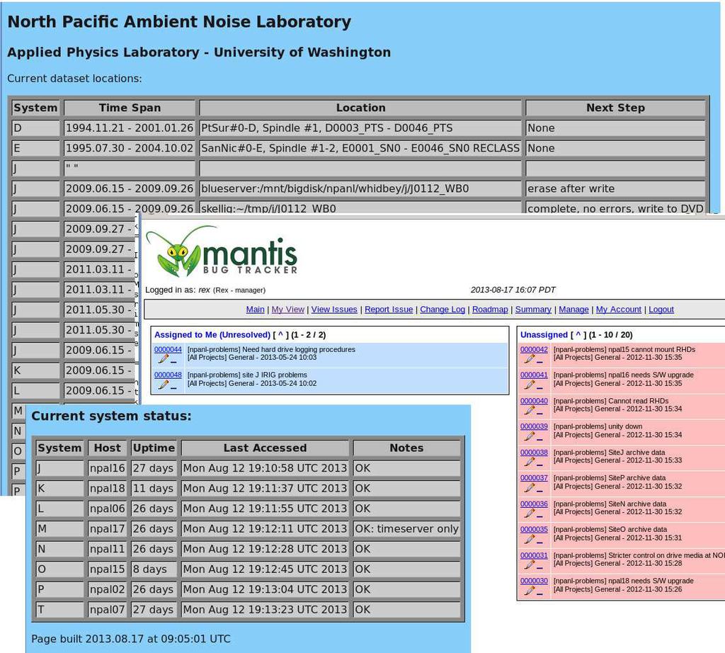 Figure 3: Screenshot overlays of NPANL experiment webpages, providing information on the current status and location of datasets