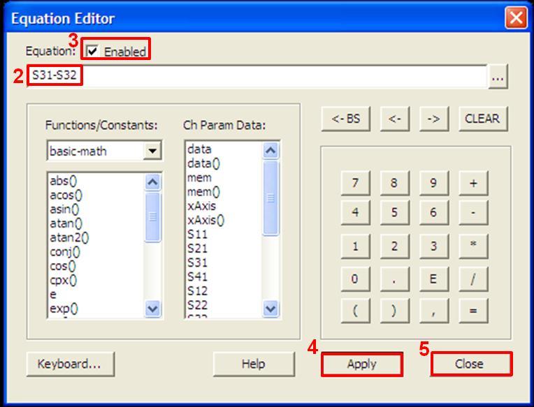 6.3.2. Crosstalk Compensation 1. Select Trace 2. 2. Press Display > Equation Editor > Enter an equation S31-S32. 3. Check Enabled to enable the equation on trace. 4. Click Apply. 5. Click Close. 6.