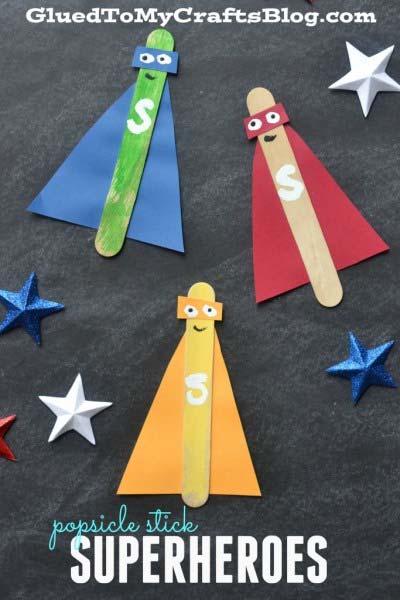 Popsicle Stick Superheroes Supplies: Jumbo Popsicle Sticks Craft Paint Paint Brushes Colored Cardstock School Glue Scissors Directions: First have children paint their popsicle sticks however they