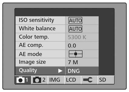 Menu settings QUALITY JPG images (image files ending.jpg) are always saved compressed. The level of compression can be determined using the QUALITY setting.