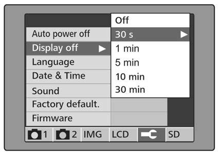 Menu settings DISPLAY OFF The DISPLAY OFF function significantly reduces the power consumption of the PhotoScope. After the set time has elapsed, the PhotoScope switches off the live image.