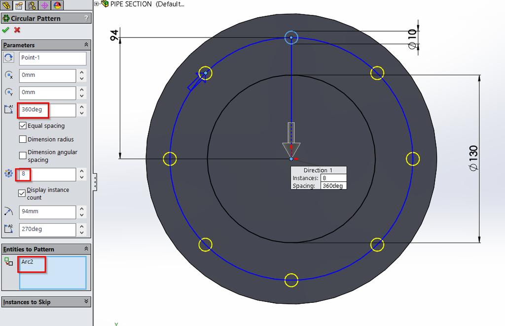 Next, while still in sketch mode, select the Circular Sketch Pattern tool