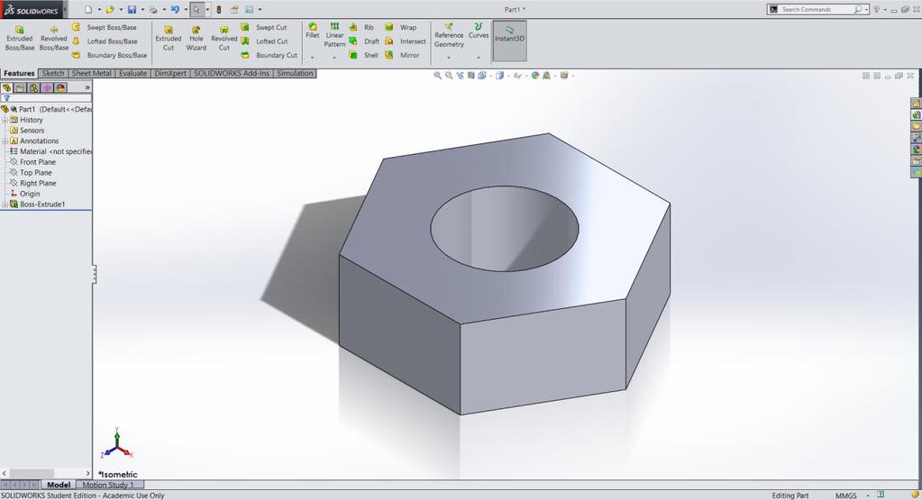 Exercise 1: Basic Hex Nut Features Learned: Sketch (Polygon, Circle), Smart Dimension, Extruded Boss/Base In this first exercise we will design a simple hexagonal unthreaded nut as seen in the figure