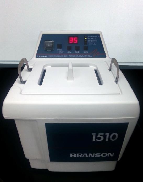 103 Figure 4.2 Branson 1510 ultrasonic cleaner 4. The beaker containing the holder is submerged in the ultrasonic cleaner and sonicated at 35 C for 15 minutes. 5.