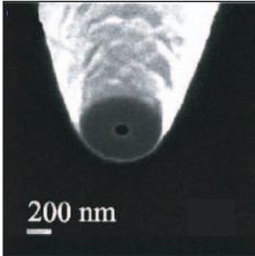 16 necessary to open up the tip apex so that light can emerge. For that, a focused ion beam (FIB) instrument is used to slice away the very end of tip to create the nano aperture (Figure 1.11).