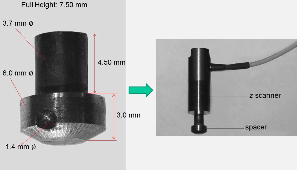 80 Figure 3.8 (Left) A close-up of custom-fabricated spacer piece. (Right) The spacer piece after being rigidly glued to the piezoelectric z-scanner (P-820-10). 3. Tuning fork and dither piezo: A tuning fork (TF) is employed as a means of sensing the vertical position of the tip.