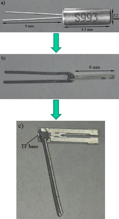 81 designed 500 µm groove for hosting and guiding the fiber probe and lining it up along the same level of the TF prong (Figure 3.10). Figure 3.9 a) A tuning fork with the protective cap still on.
