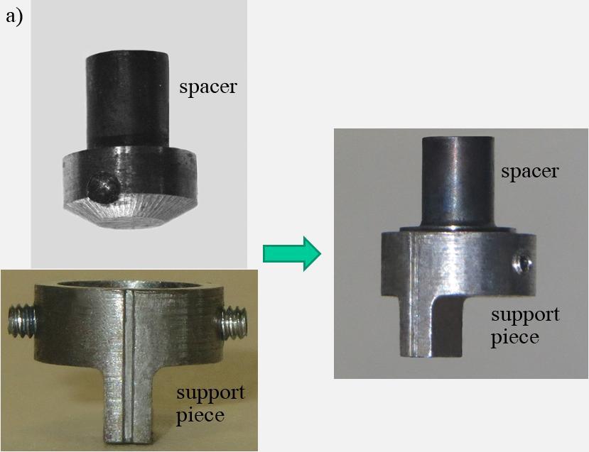 83 Figure 3.11 a) A close-up view of the attachment of the support piece to the spacer using the two locking set screws.