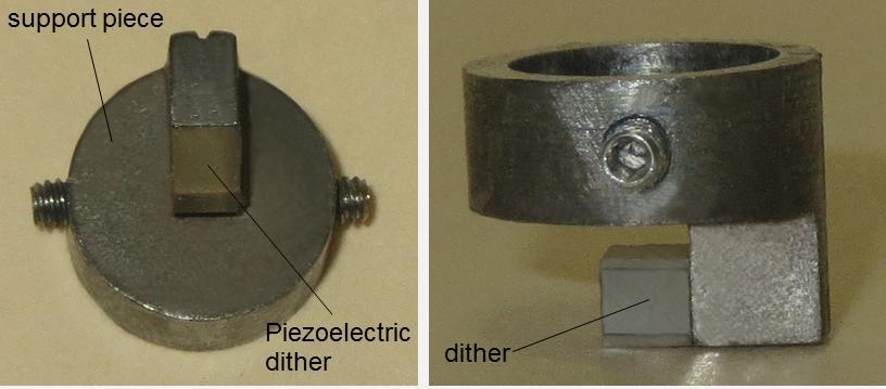 The piezo actuator is permanently attached to the support piece using a 2- component epoxy (Devcon, # 31345). Figure 3.13 shows the result of this attachment (wire leads are not shown in this Figure).