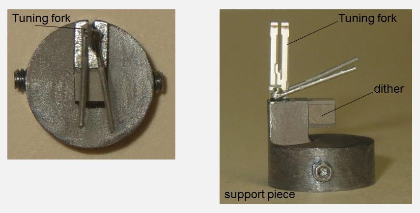 86 After the epoxy bond has cured as in Figure 3.14c, the support piece is carefully slid out of the glue fixture yielding the final assembly shown in Figure 3.15. Figure 3.15 Different views of the support piece after the TF attachment, also showing the previously glued piezoelectric dither.