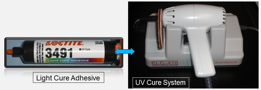 To speed up the process, we use a combination of a UV-cure system (Thorlabs, ELC-410) and light cure adhesive (Loctite #3491) to produce TF-support piece strong coupling in a short amount of time