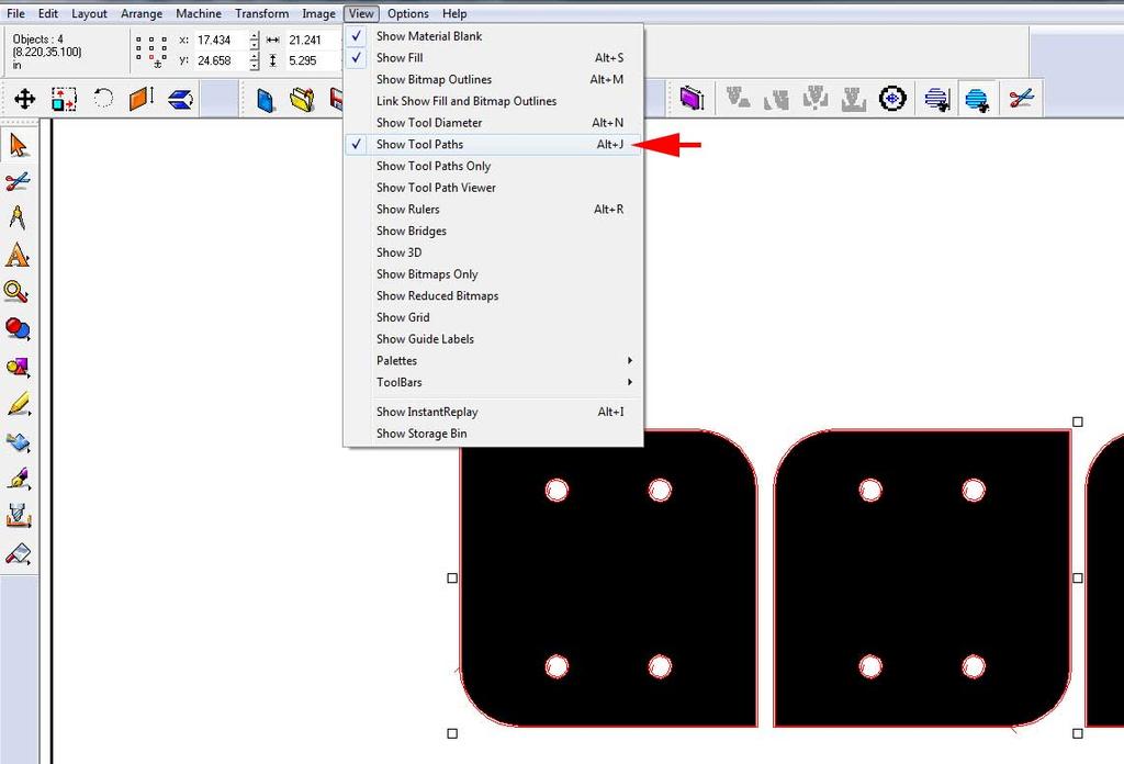 7. View > Show Tool Paths (Alt+J) Use this command to toggle off your toolpaths so that you can select and delete your