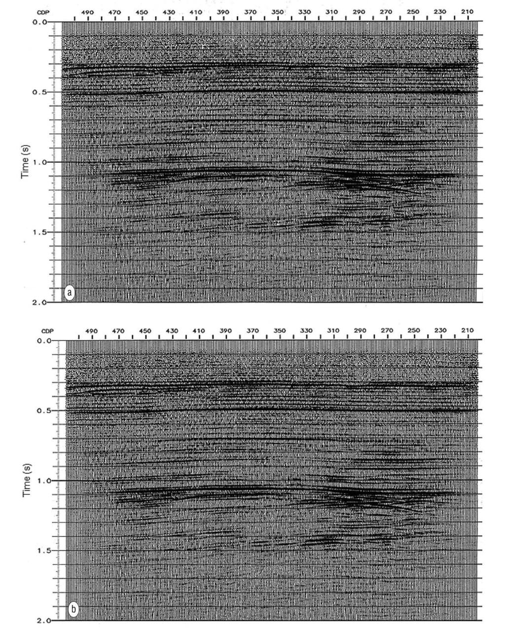 Figure 6. (a) West Texas 2D line recorded using a single 20-s sweep per VP. (b) The same West Texas 2D line recorded using four 5-s sweeps per VP. compared with six 8-s sweeps per VP.