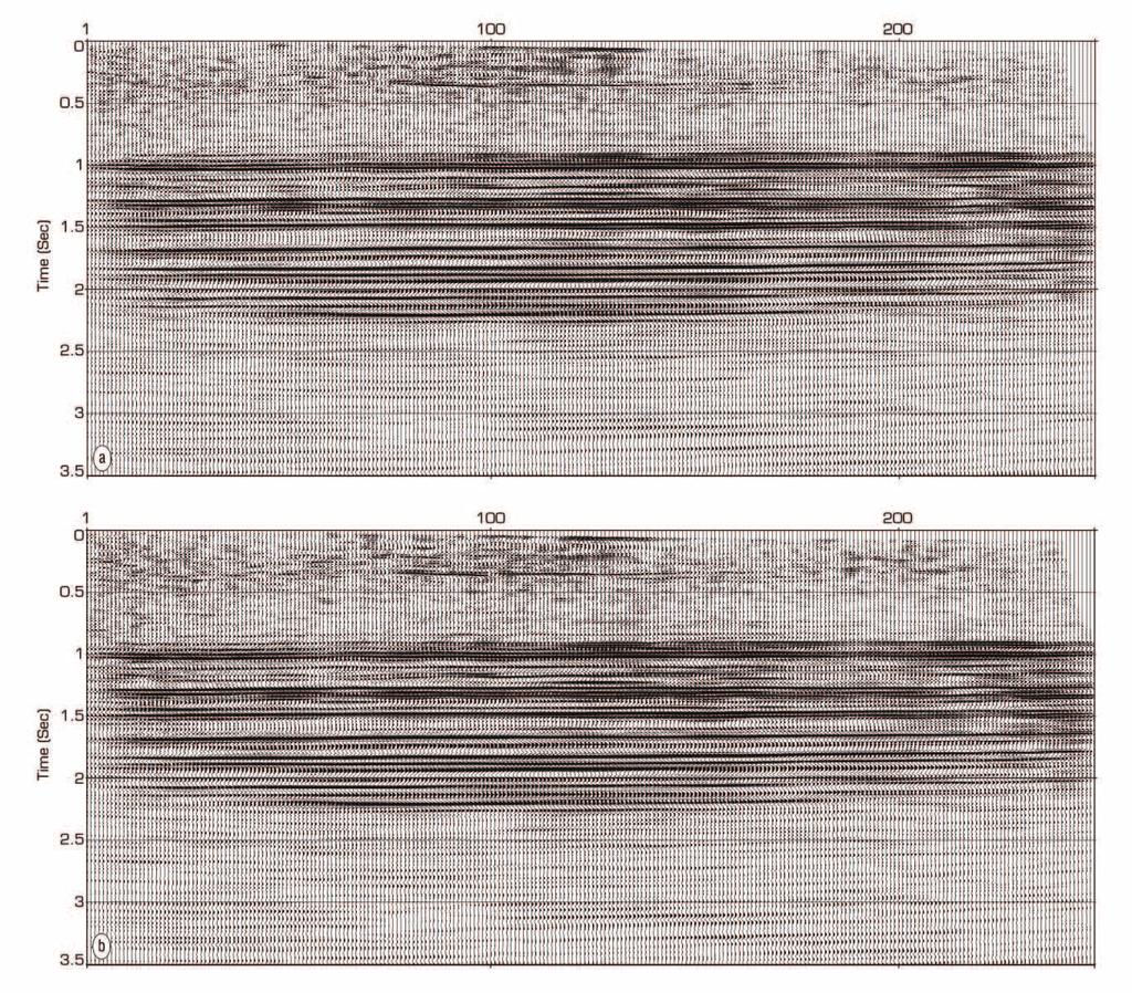 Figure 7. (a) Northern US 2D line recorded using a single 48-s sweep per VP. (b) Northern US 2D line recorded using six 8-s sweeps per VP. vibrator source.