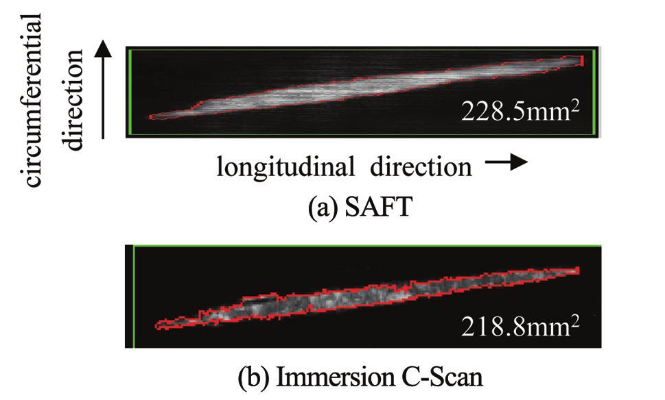 In addition, SAFT evaluations of flaw width do not depend on the flaw depth. Thus, it was confirmed that SAFT could be a powerful tool for quantitatively evaluating the area of laminations.